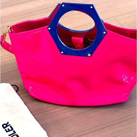 Jonathan Adler Goldie Hex Patent Leather Tote/Bag Pink/Electric Blue - Picture 2 of 4